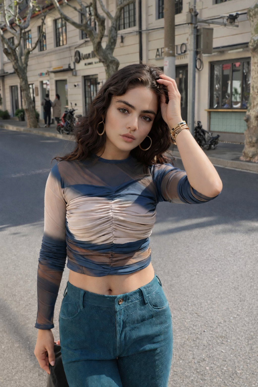 Ruched Mesh Crop Top for Women – Sheer Sleeve Design