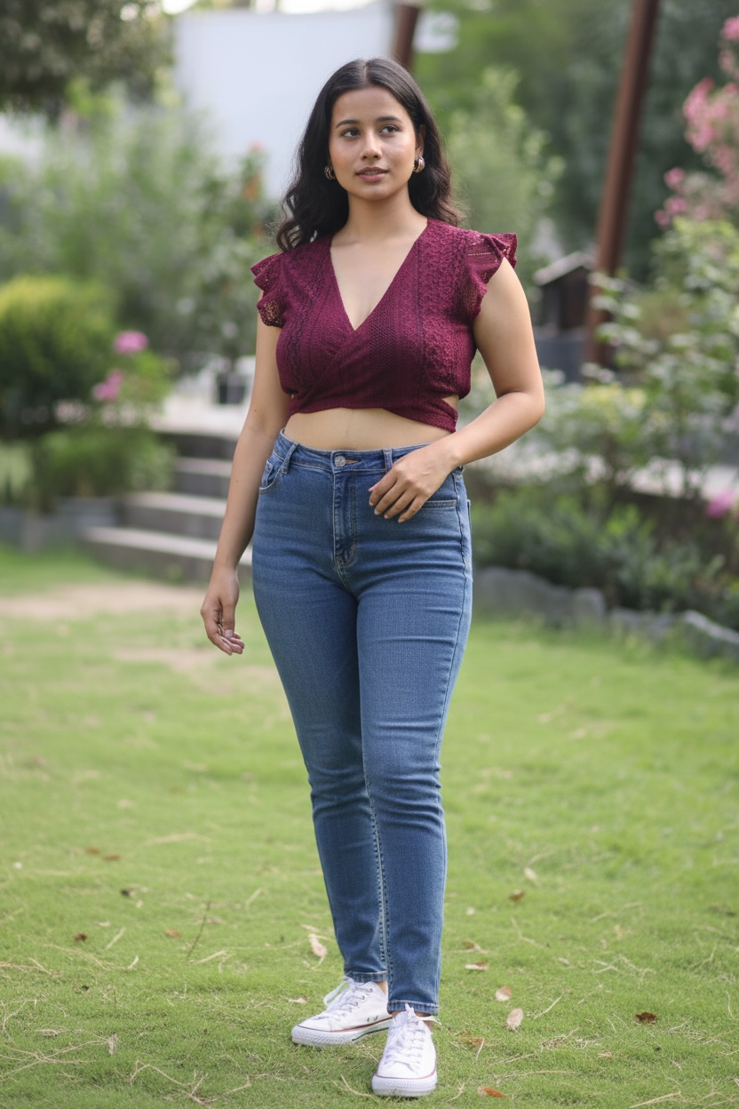 Wine Lace Wrap Crop Top with Ruffle Sleeves