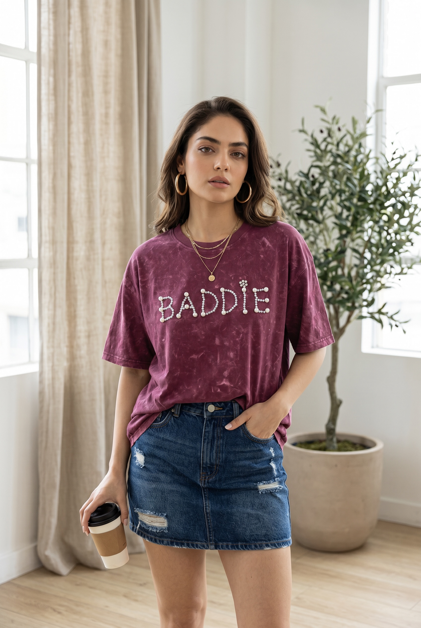 Women’s Pearl Embellished Oversized T-Shirt | Acid Wash BADDIE Tee