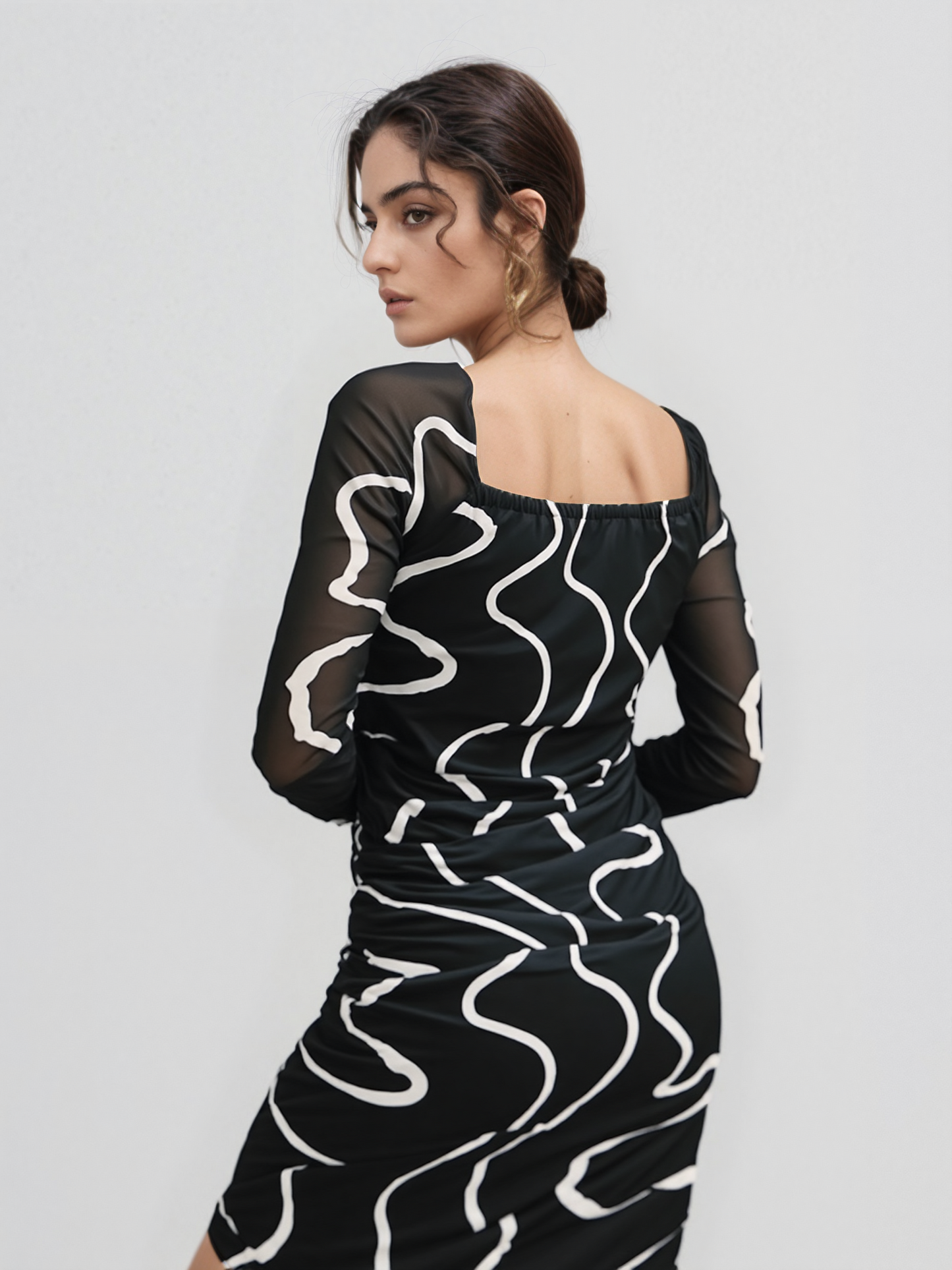 Black & White Swirl Mesh Bodycon Dress