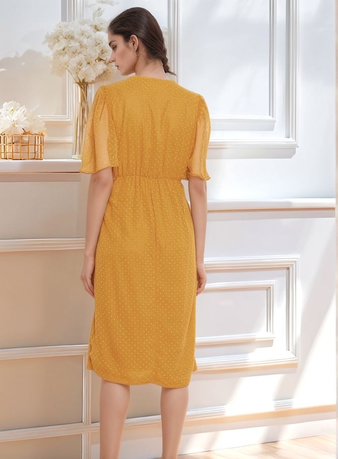 Mustard Yellow Polka Dot Midi Dress with Flowy Sleeves