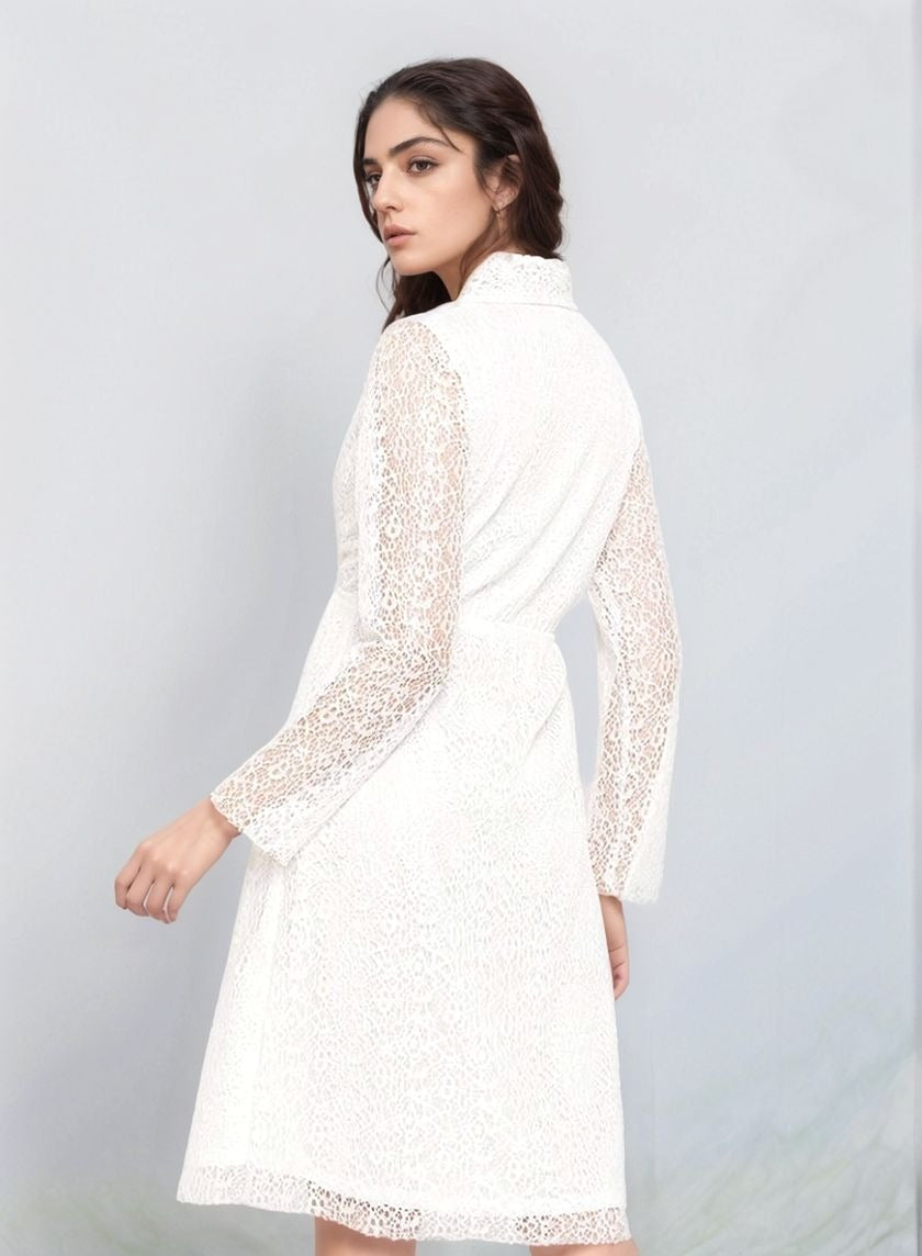 Ethereal White Lace Mesh Dress with Collared Wrap Neck