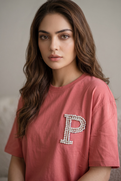 Women’s Custom Pearl Initial Oversized T-Shirt