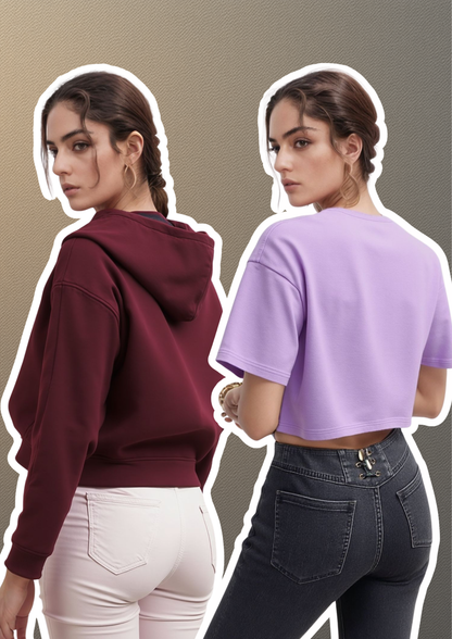 Maroon Hoodie & Lavender Crop Tee Duo