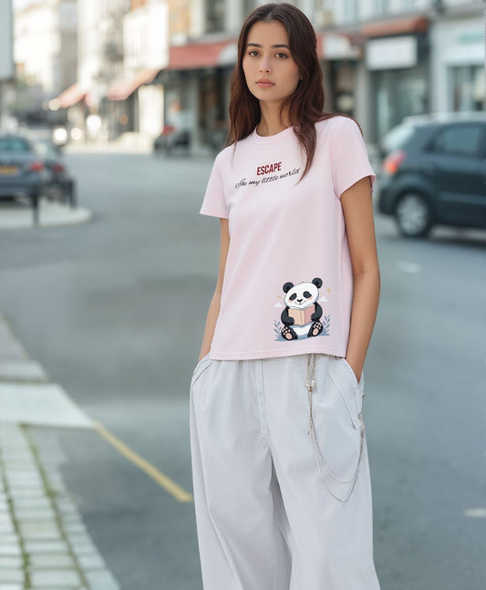 Cute Panda Graphic Tee for Women – Soft Blush Casual T-Shirt