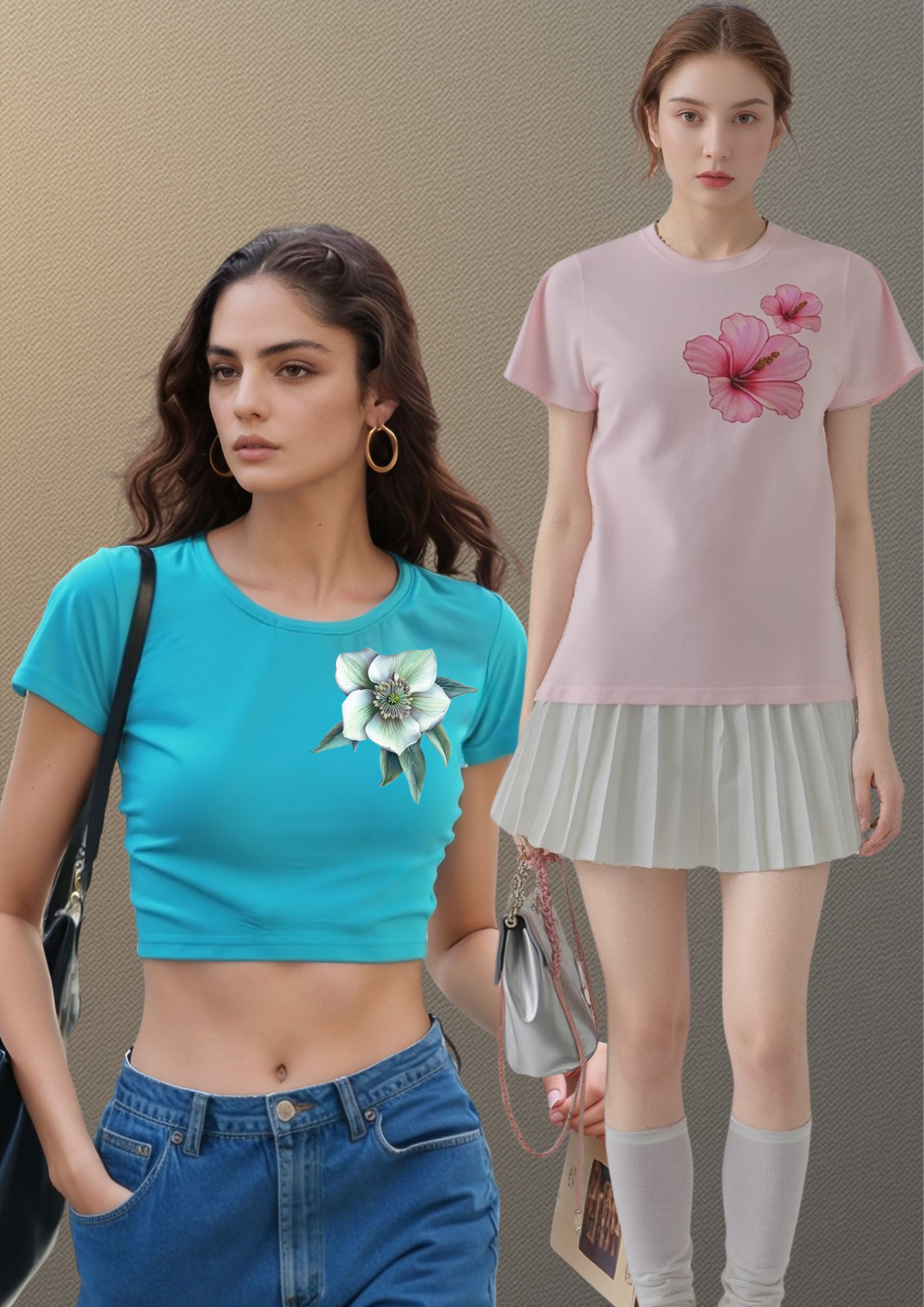 Floral Duo Combo – Blue Crop Tee + Blush Pink Hibiscus Tee