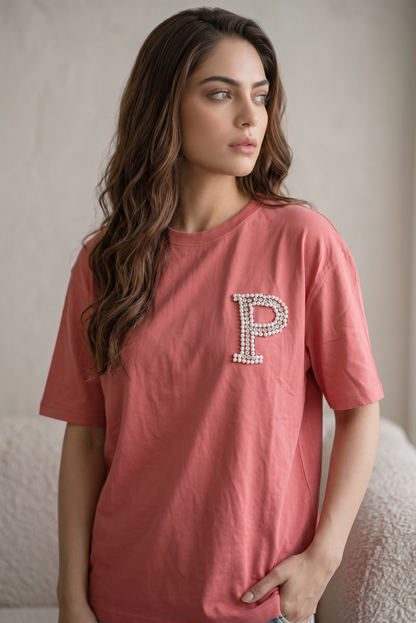 Women’s Custom Pearl Initial Oversized T-Shirt