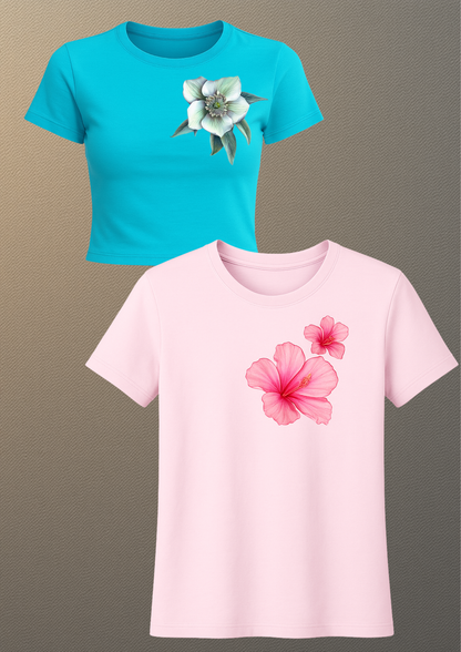 Floral Duo Combo – Blue Crop Tee + Blush Pink Hibiscus Tee