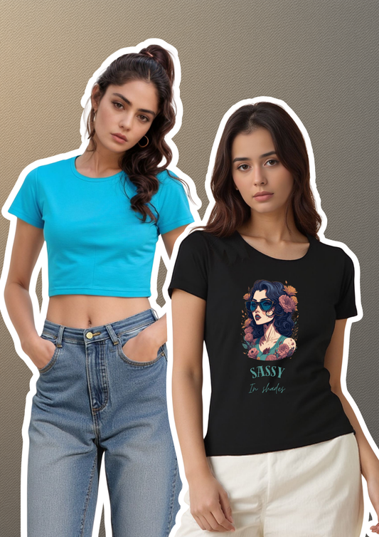 Sassy Graphic Tee & Aqua Crop Top Combo