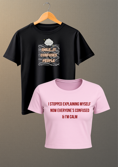 Quirky Quote Combo – Pink Crop Tee + Black Graphic Tee