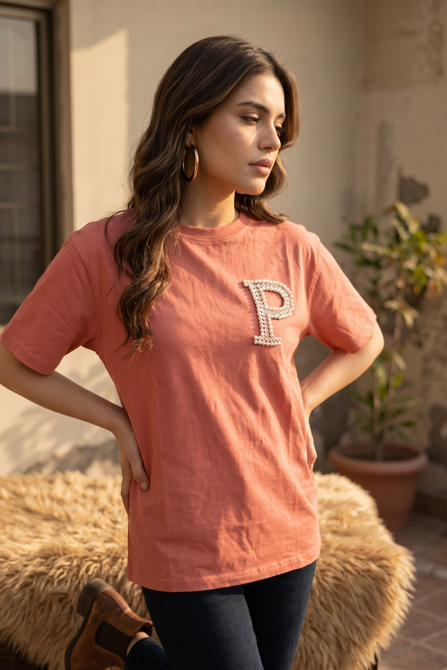 Women’s Custom Pearl Initial Oversized T-Shirt