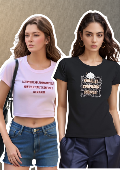 Quirky Quote Combo – Pink Crop Tee + Black Graphic Tee