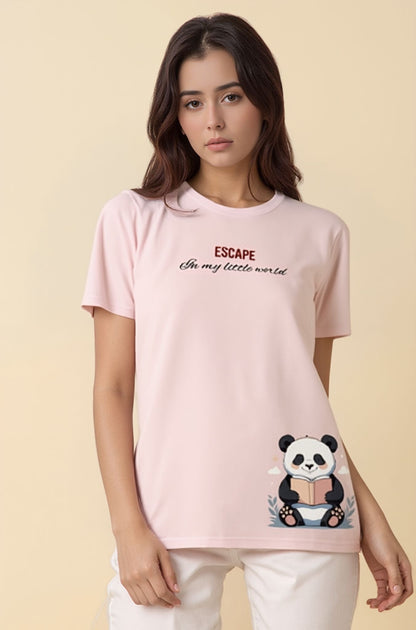 Cute Panda Graphic Tee for Women – Soft Blush Casual T-Shirt