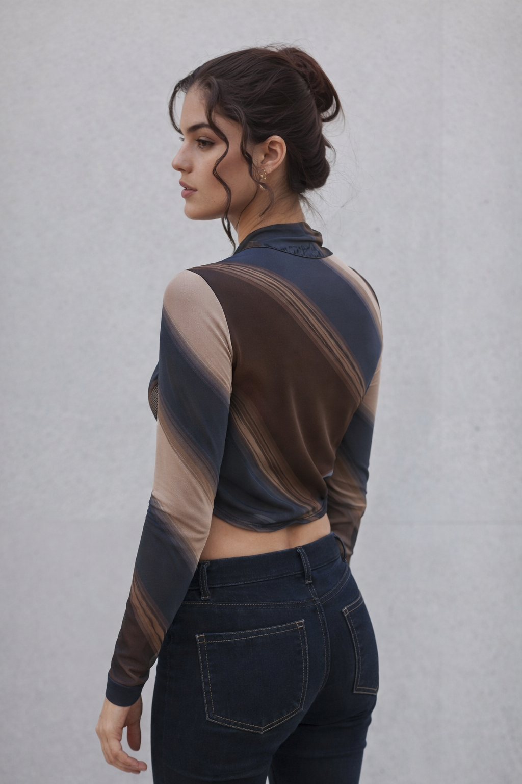 Ruched Mesh Crop Top for Women – Sheer Sleeve Design