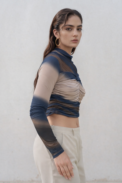 Ruched Mesh Crop Top for Women – Sheer Sleeve Design