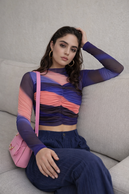 Ruched Mesh Crop Top for Women