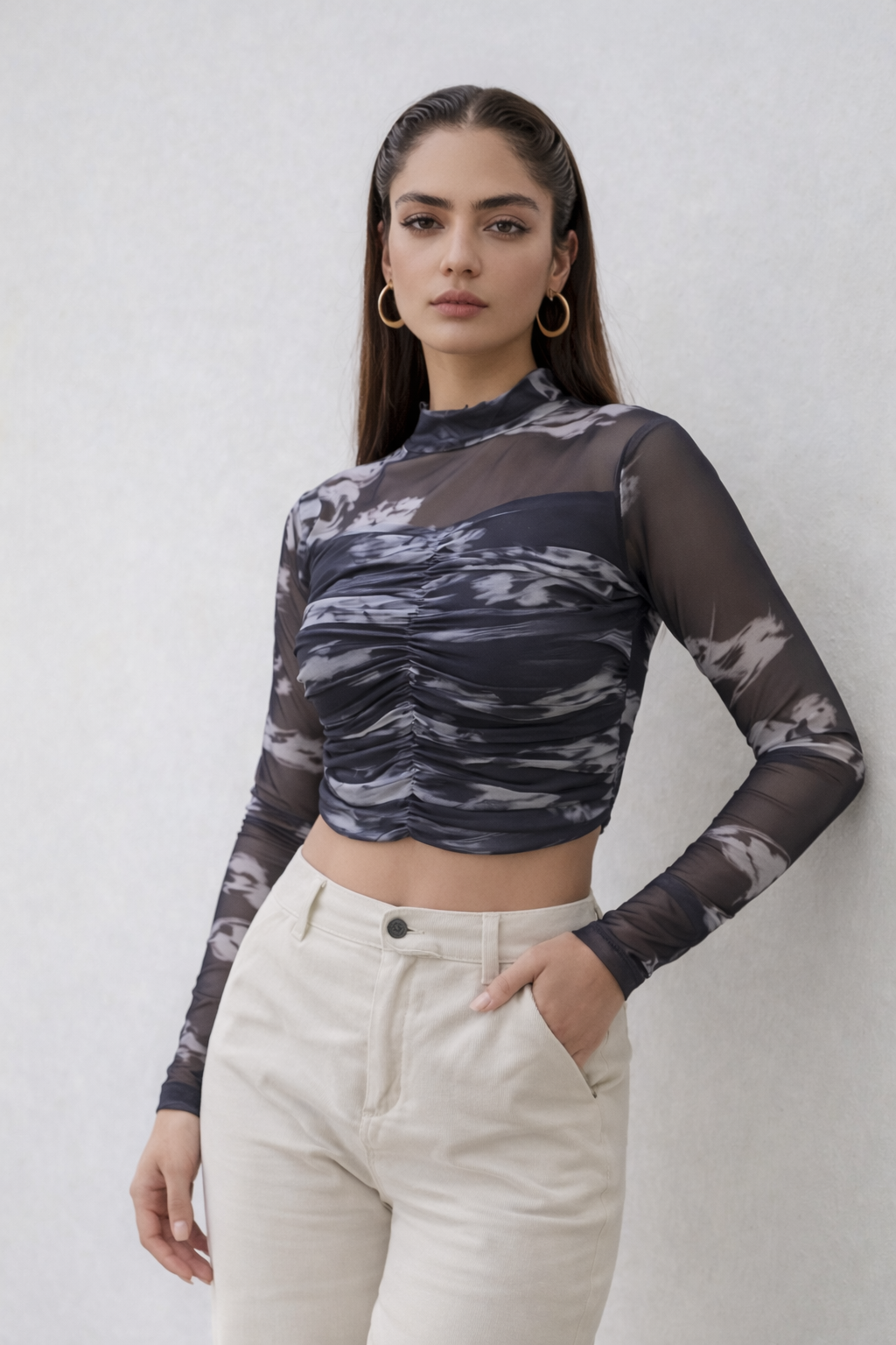 Midnight Marble Mesh Ruched Crop Top | Sheer Long Sleeve