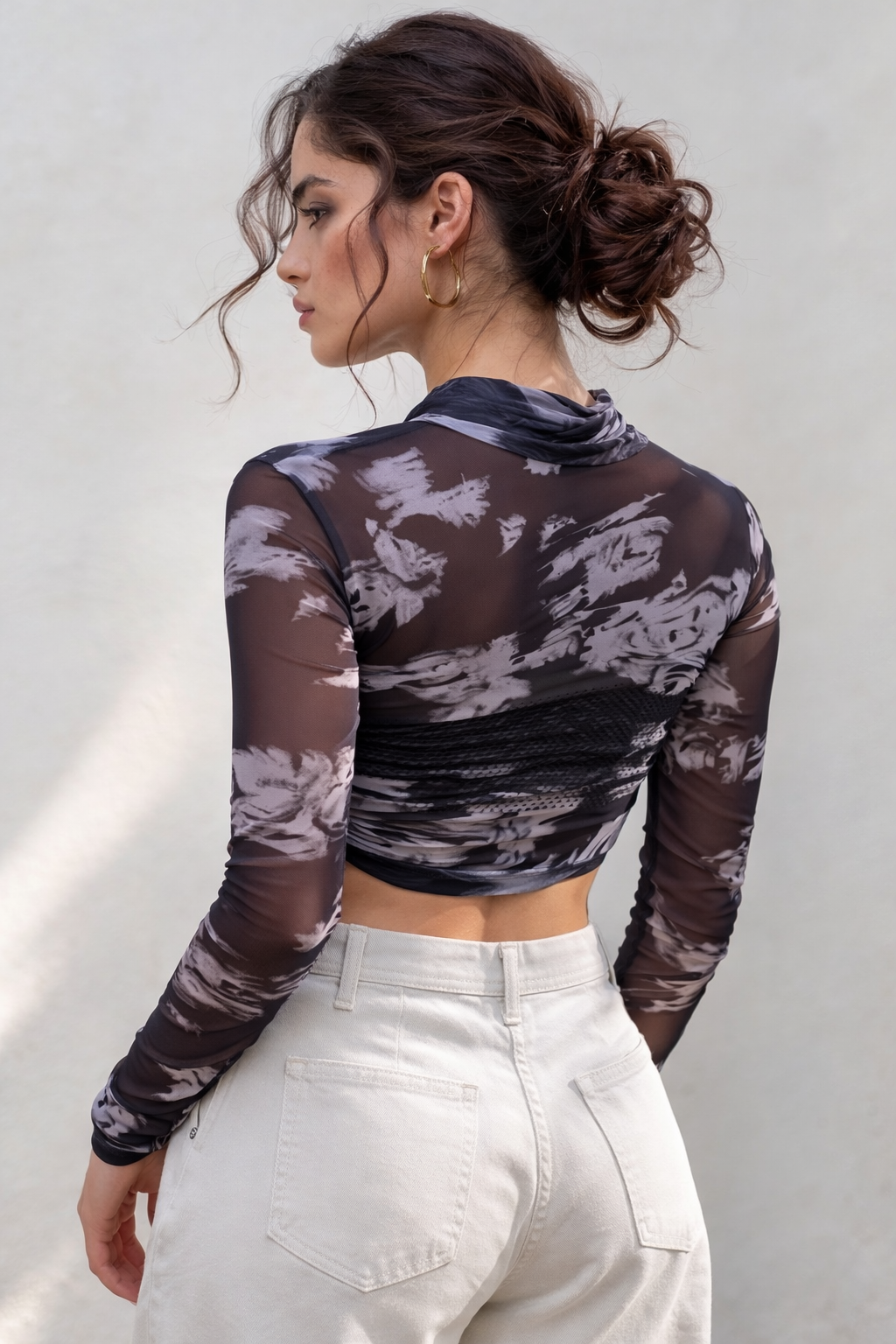 Midnight Marble Mesh Ruched Crop Top | Sheer Long Sleeve