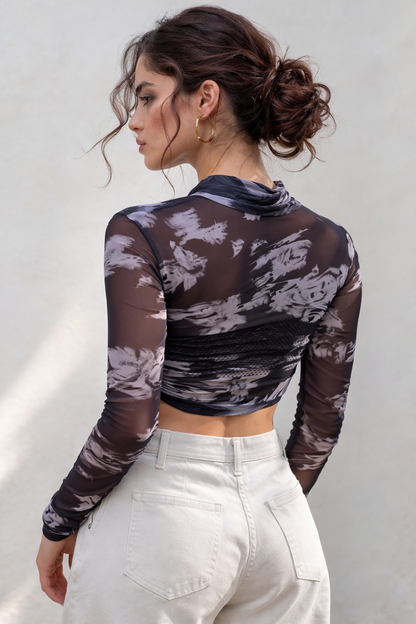 Midnight Marble Mesh Ruched Crop Top | Sheer Long Sleeve
