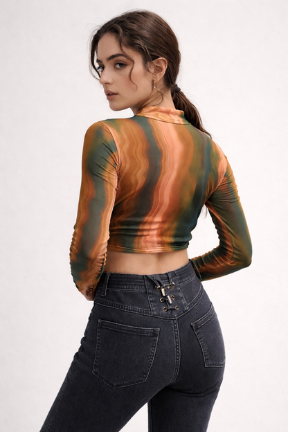 Swirl Mesh Ruched Crop Top | Stretch Fit