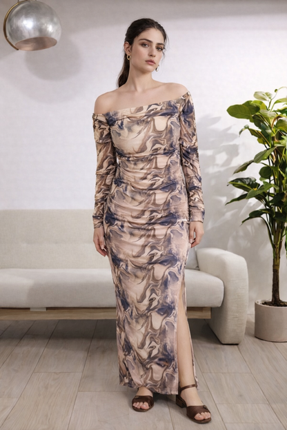 Marble Print Off-Shoulder mesh Dress