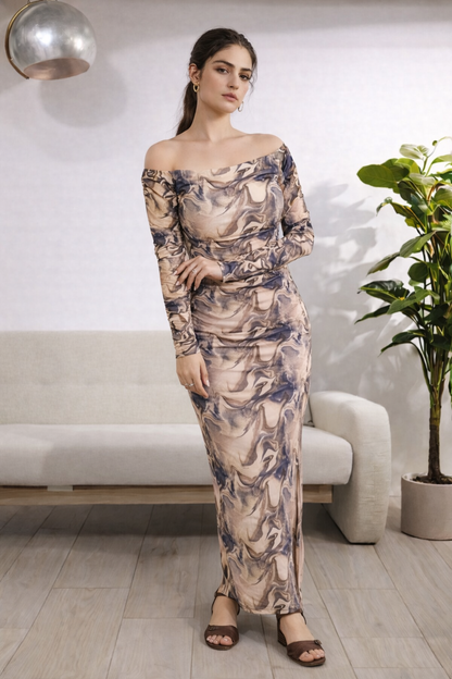 Marble Print Off-Shoulder mesh Dress