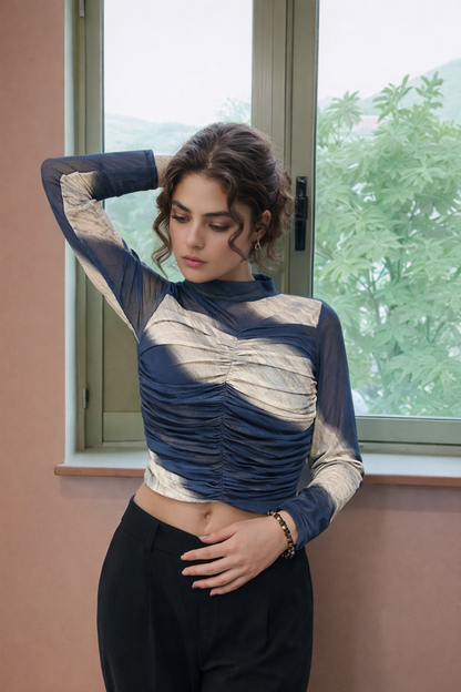 Marble Mesh Ruched Long Sleeve Top