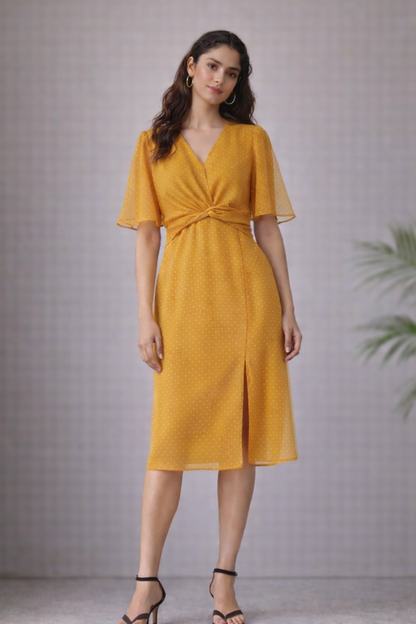 Mustard Polka Dot Midi Dress for Women
