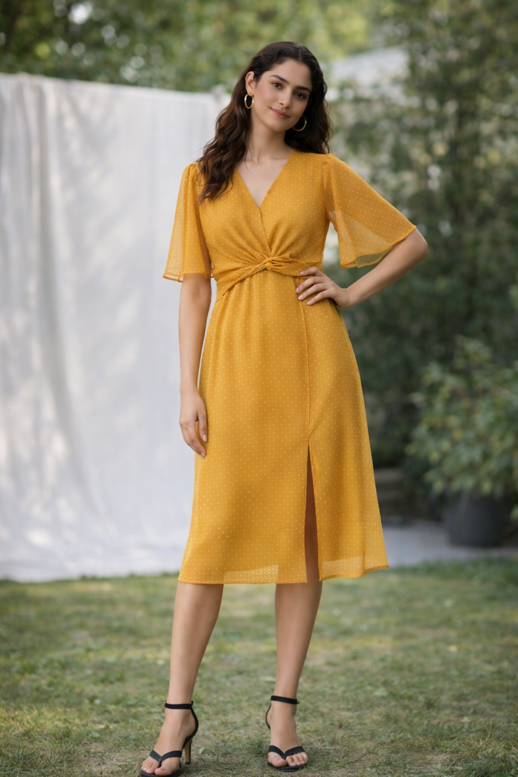 Mustard Polka Dot Midi Dress for Women