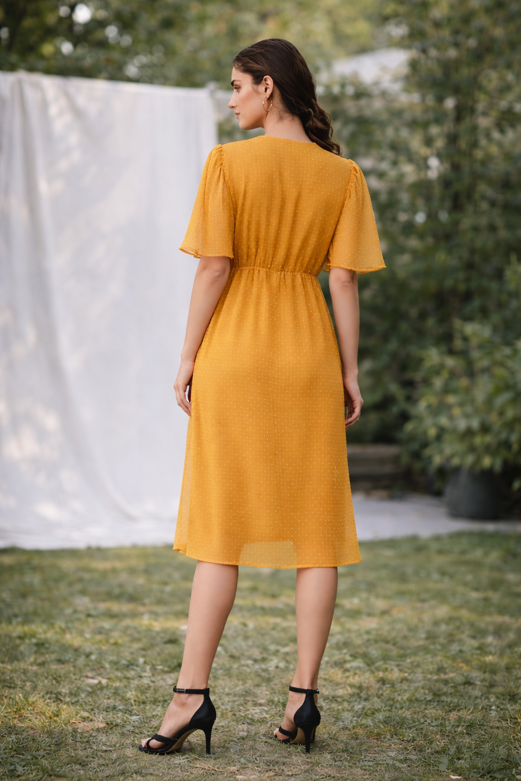 Mustard Polka Dot Midi Dress for Women