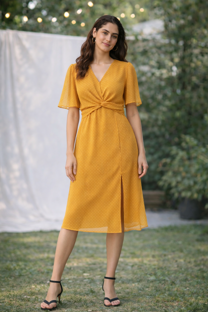 Mustard Polka Dot Midi Dress for Women