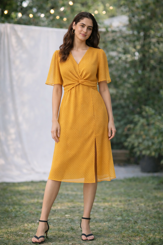 Mustard Yellow Polka Dot Midi Dress with Flowy Sleeves