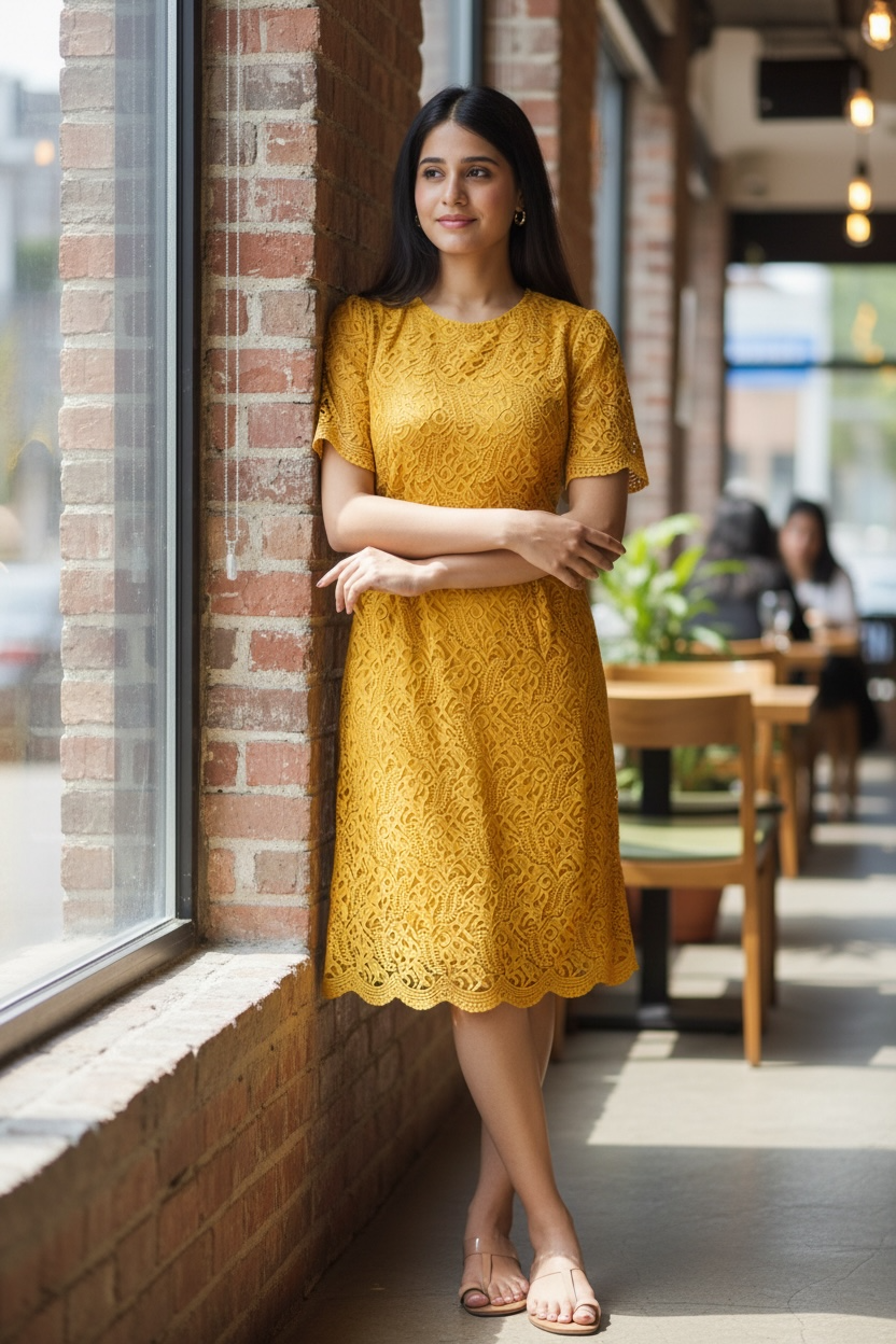Elegant Yellow Lace Midi Dress