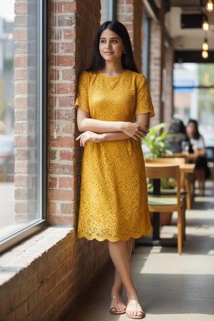 Elegant Yellow Lace Midi Dress