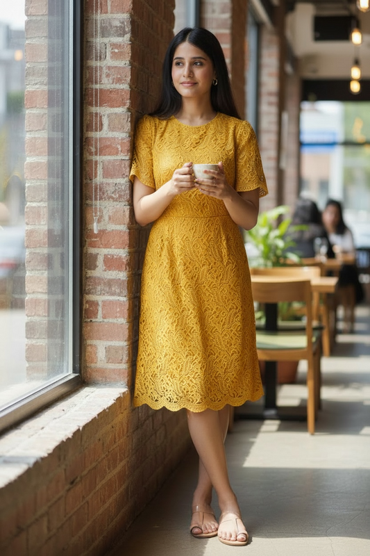 Elegant Yellow Lace Midi Dress