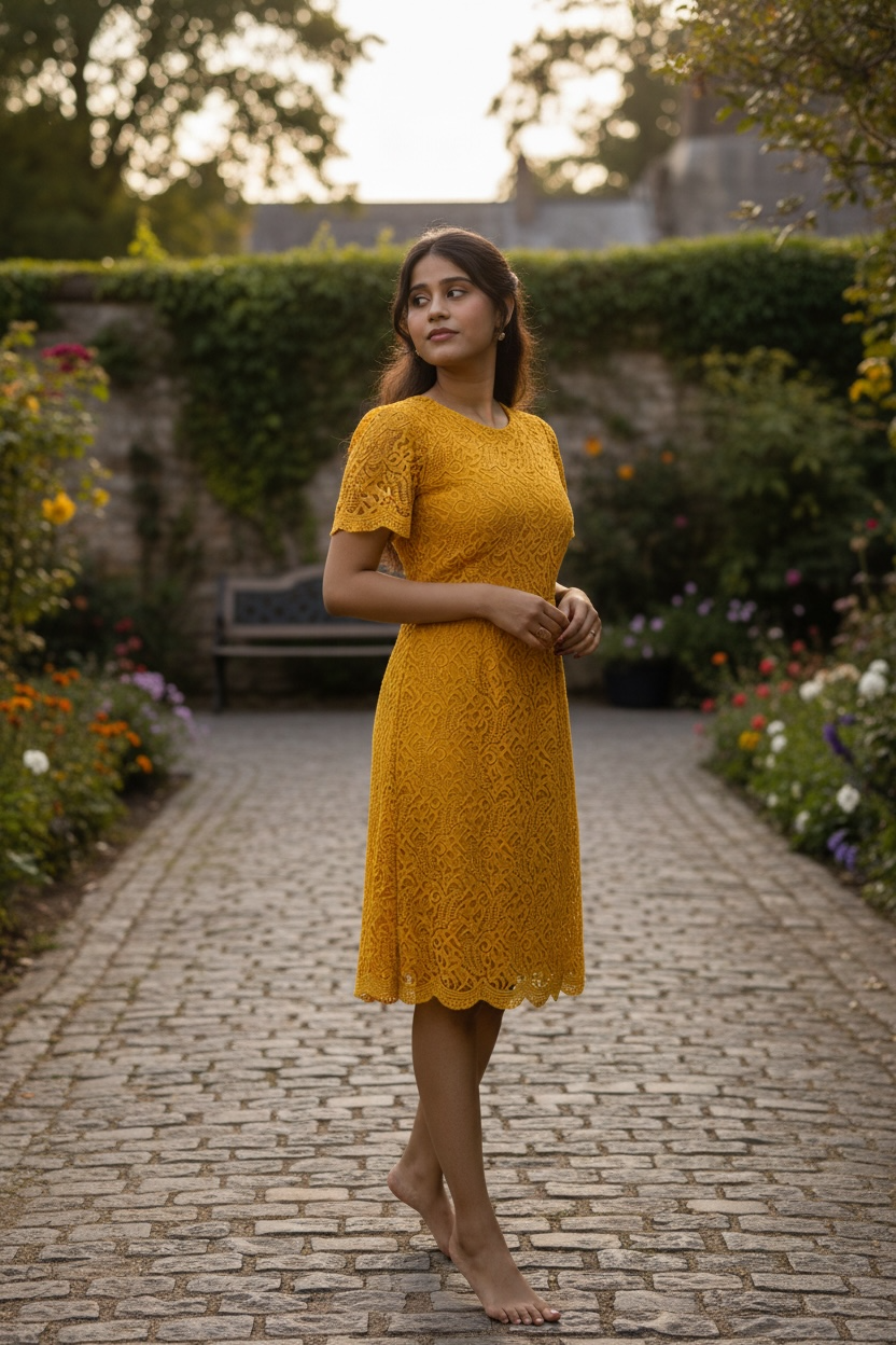 Elegant Yellow Lace Midi Dress