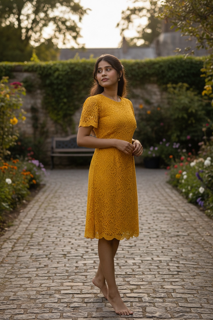 Elegant Yellow Lace Midi Dress