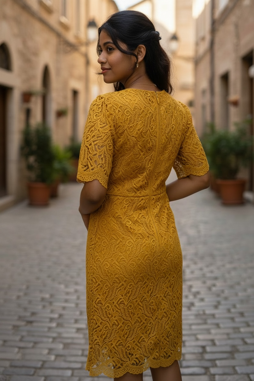 Elegant Yellow Lace Midi Dress