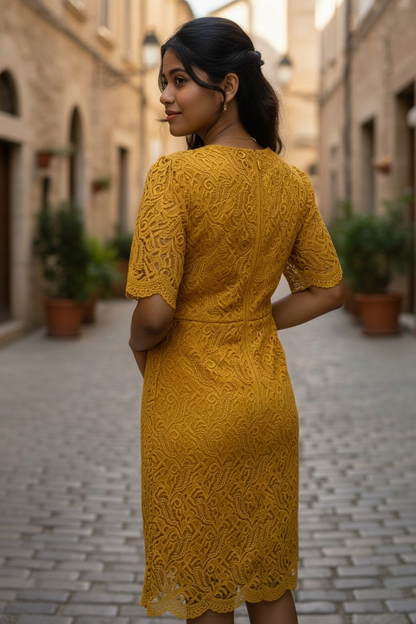 Elegant Yellow Lace Midi Dress