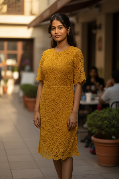 Elegant Yellow Lace Midi Dress