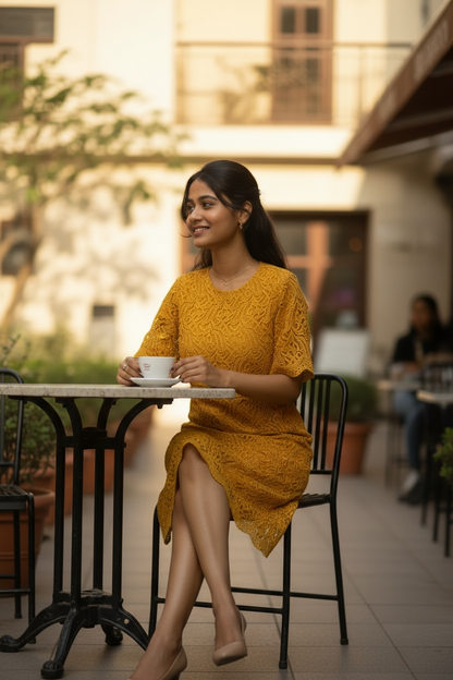 Elegant Yellow Lace Midi Dress