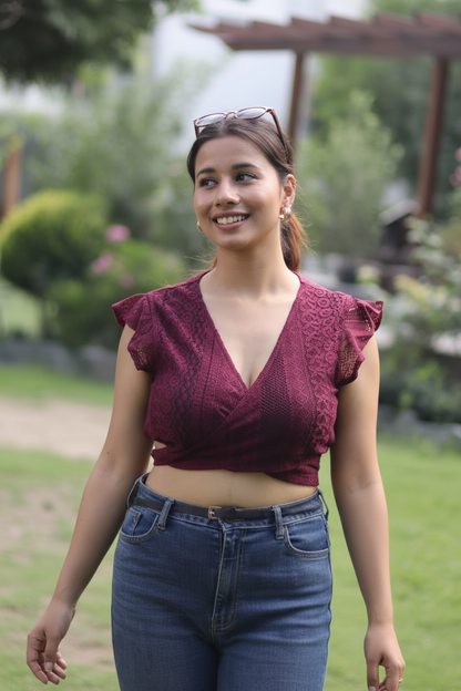 Wine Lace Wrap Crop Top with Ruffle Sleeves