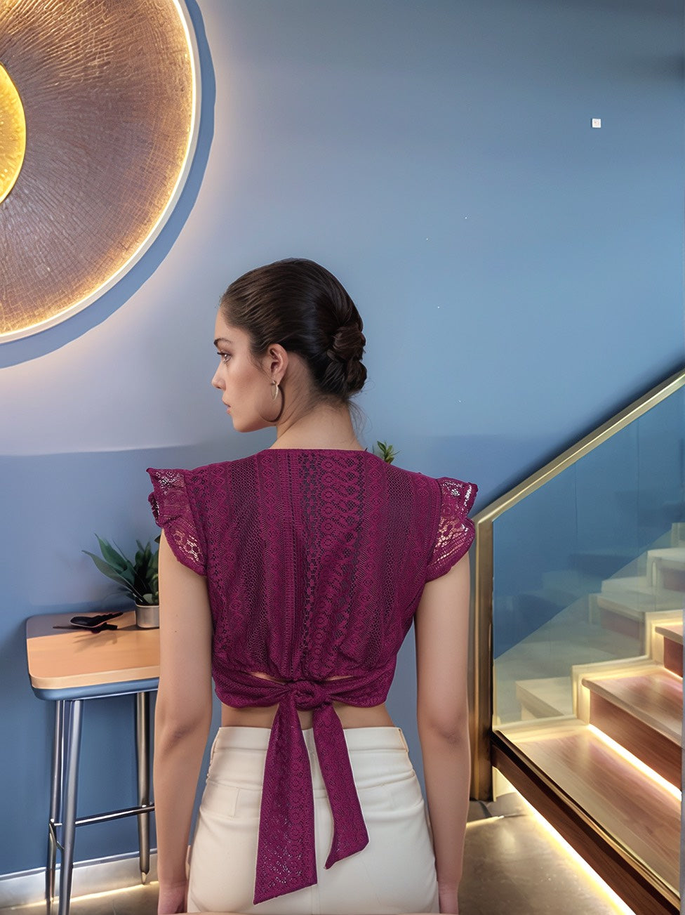 Wine Lace Ruffle Sleeve Wrap Crop Top – Elegant &amp; Trendy