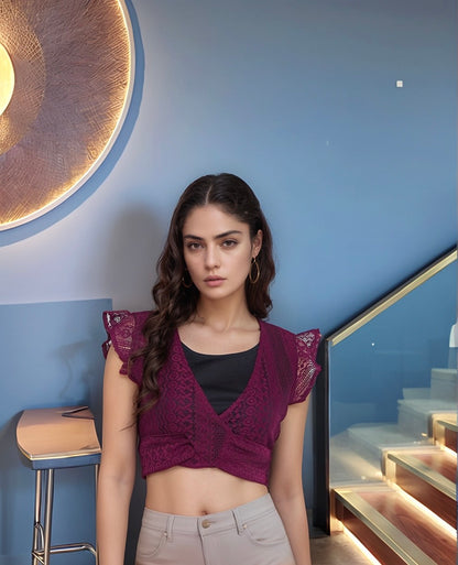 Wine Lace Ruffle Sleeve Wrap Crop Top – Elegant &amp; Trendy