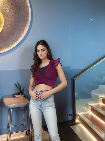 Wine Lace Ruffle Sleeve Wrap Crop Top – Elegant &amp; Trendy