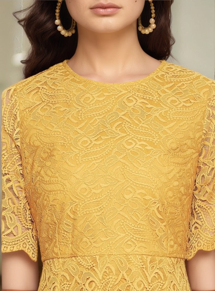 Elegant Yellow Lace Midi Dress – Chic &amp; Timeless