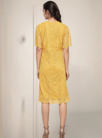Elegant Yellow Lace Midi Dress – Chic &amp; Timeless