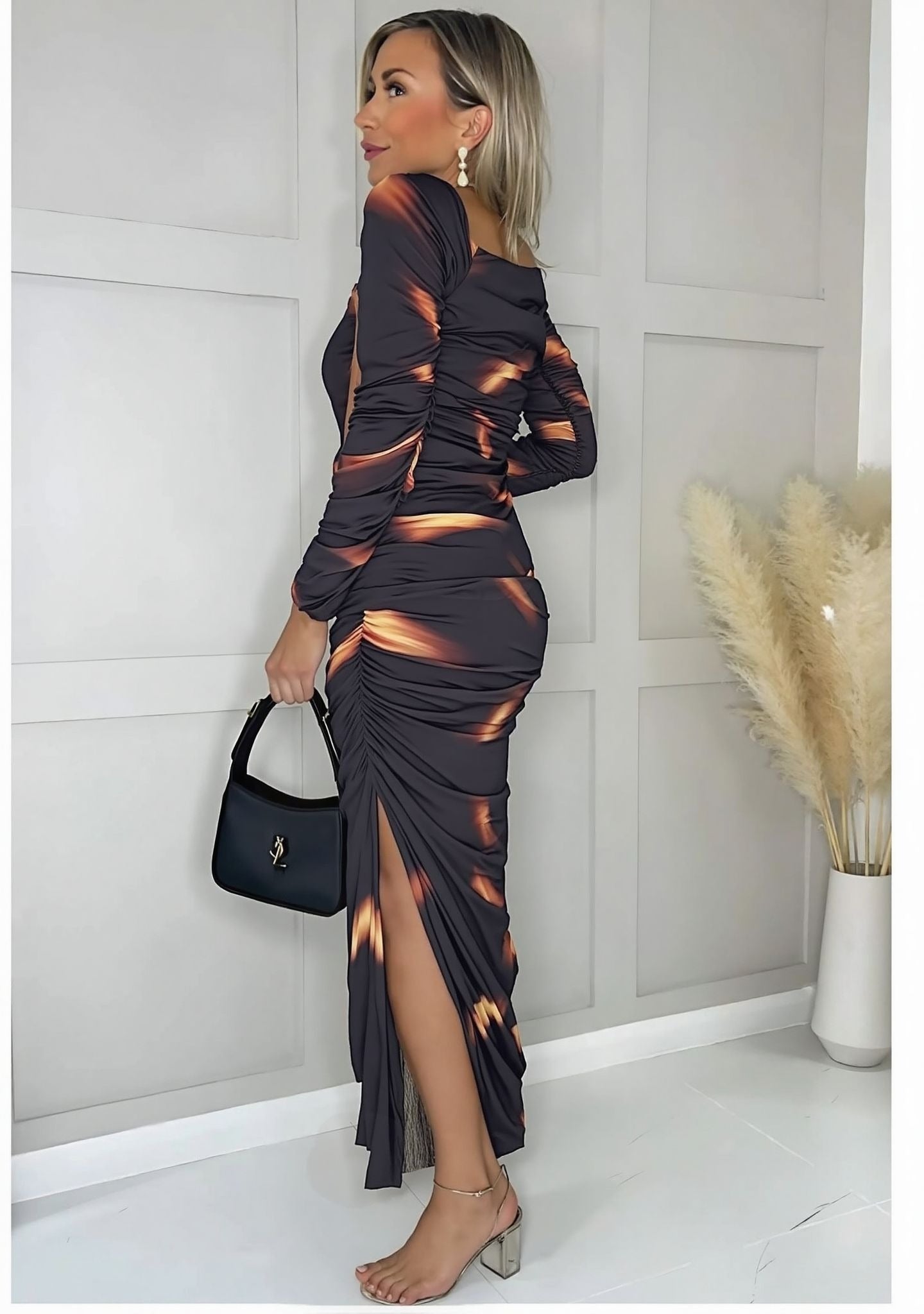 SIDE slit bodycon ruched dress for women in black with orange swirl print – stylish evening wear
