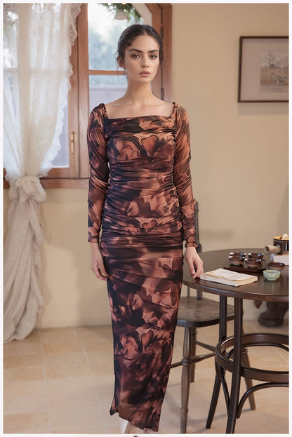 Confident woman posing in bodycon dress with slit styled with  minimal accessories for a night out