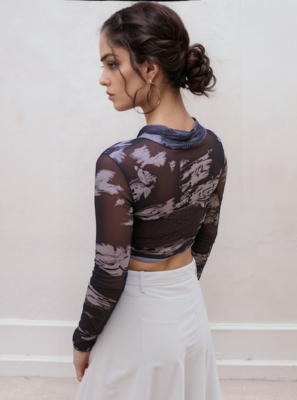 Midnight Marble Mesh Ruched Crop Top | Sheer Long Sleeve | Lush Lounge